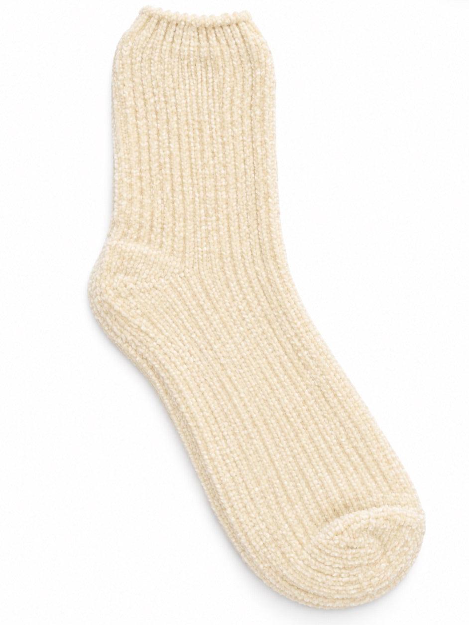 Marissa Fuzzy Socks in vanilla featuring a plush, cream-colored ribbed knit texture and cozy crew length, photographed on a white background for Ardor Boutique.