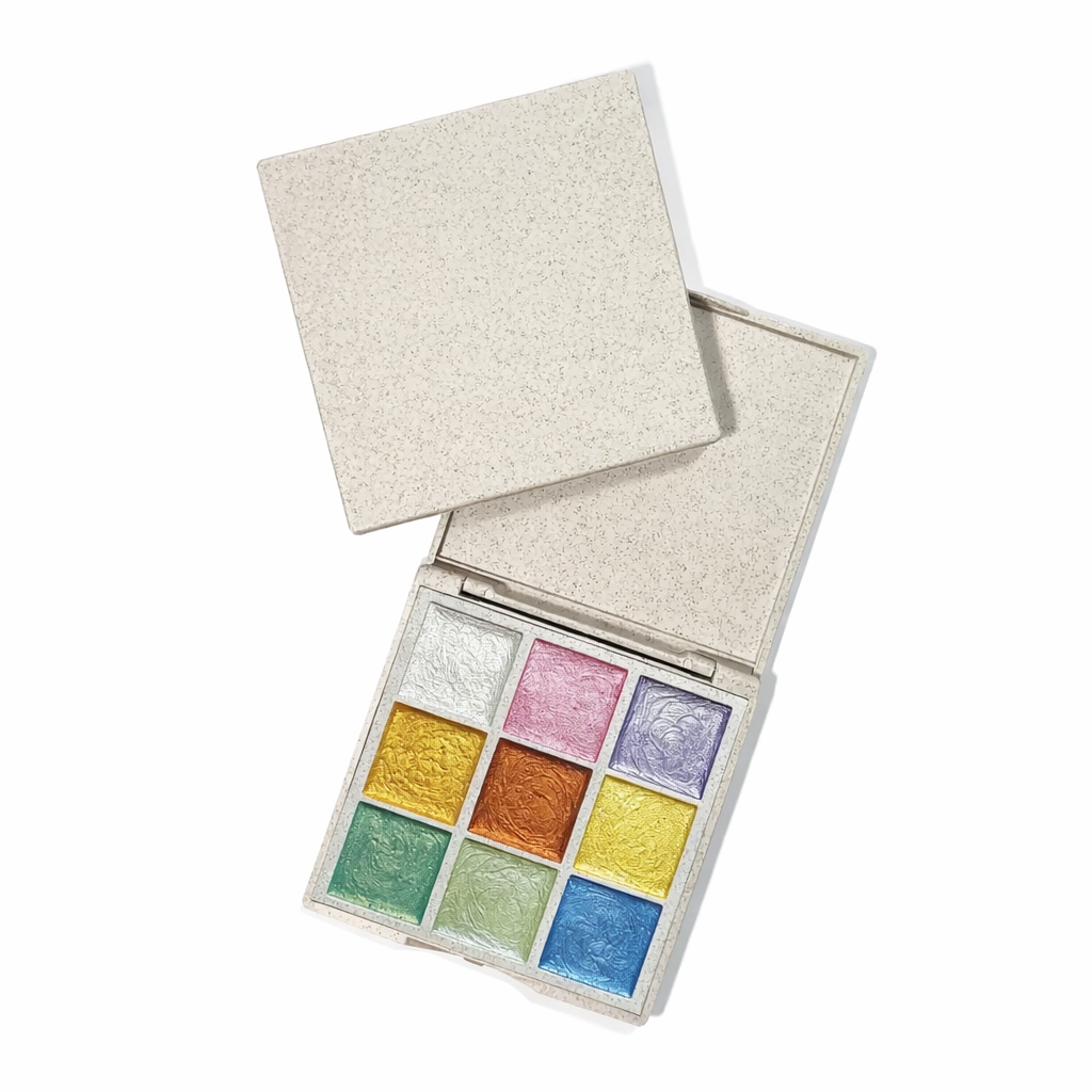 Hand poured metallic watercolor paints 9 color set in a portable palette with pearlescent shimmering shades for highlighting and watercolor details
