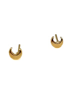 A pair of small gold crescent moon stud earrings on a plain white background.