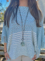 Model wearing long natural brass Jasper necklace by Nina Halls