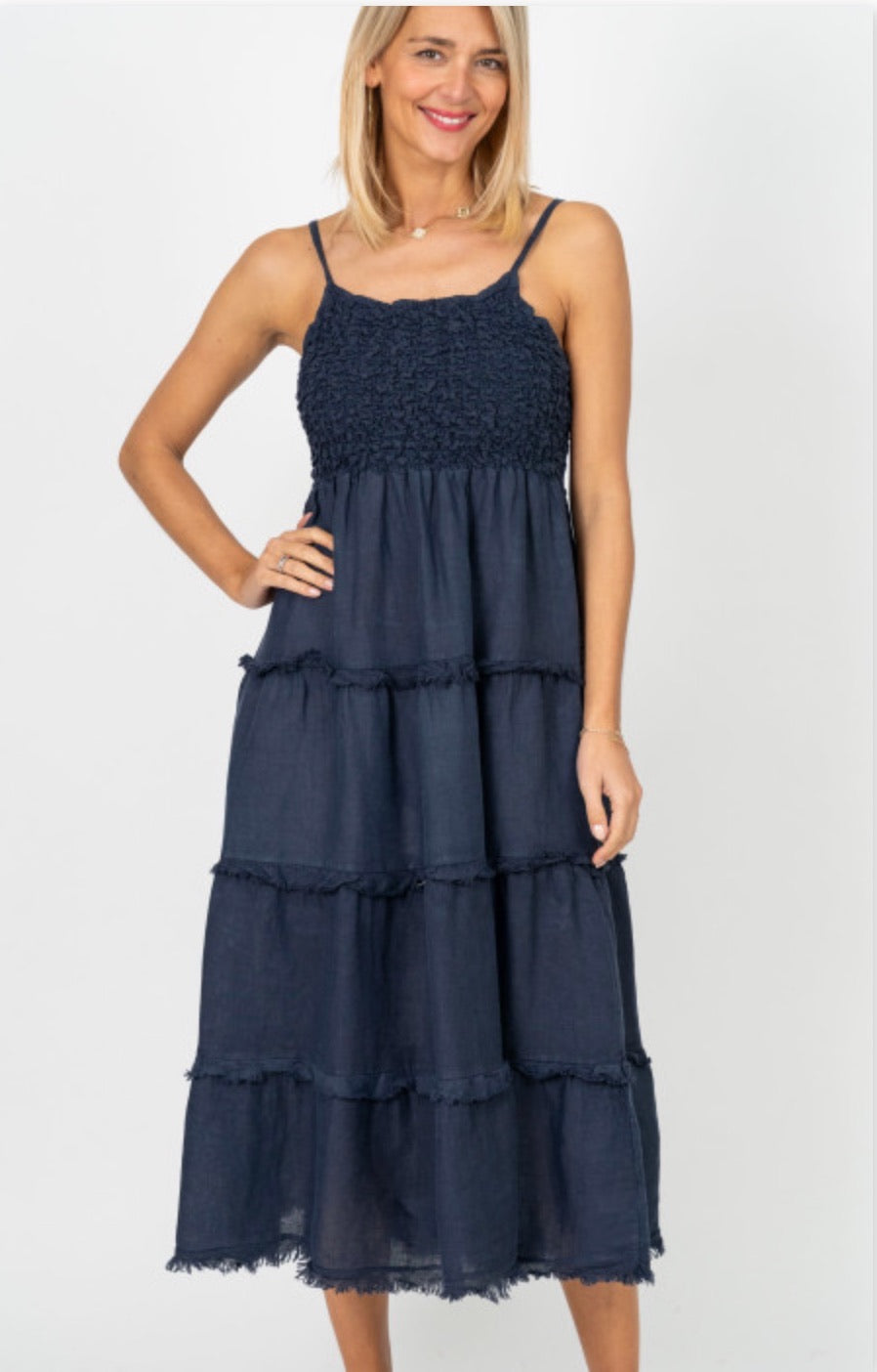 Navy sleeveless tiered midi dress with textured bodice worn by model