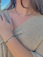 Nora Epidote Beaded Bracelet on model styled with Amina bracelet and Isla necklace