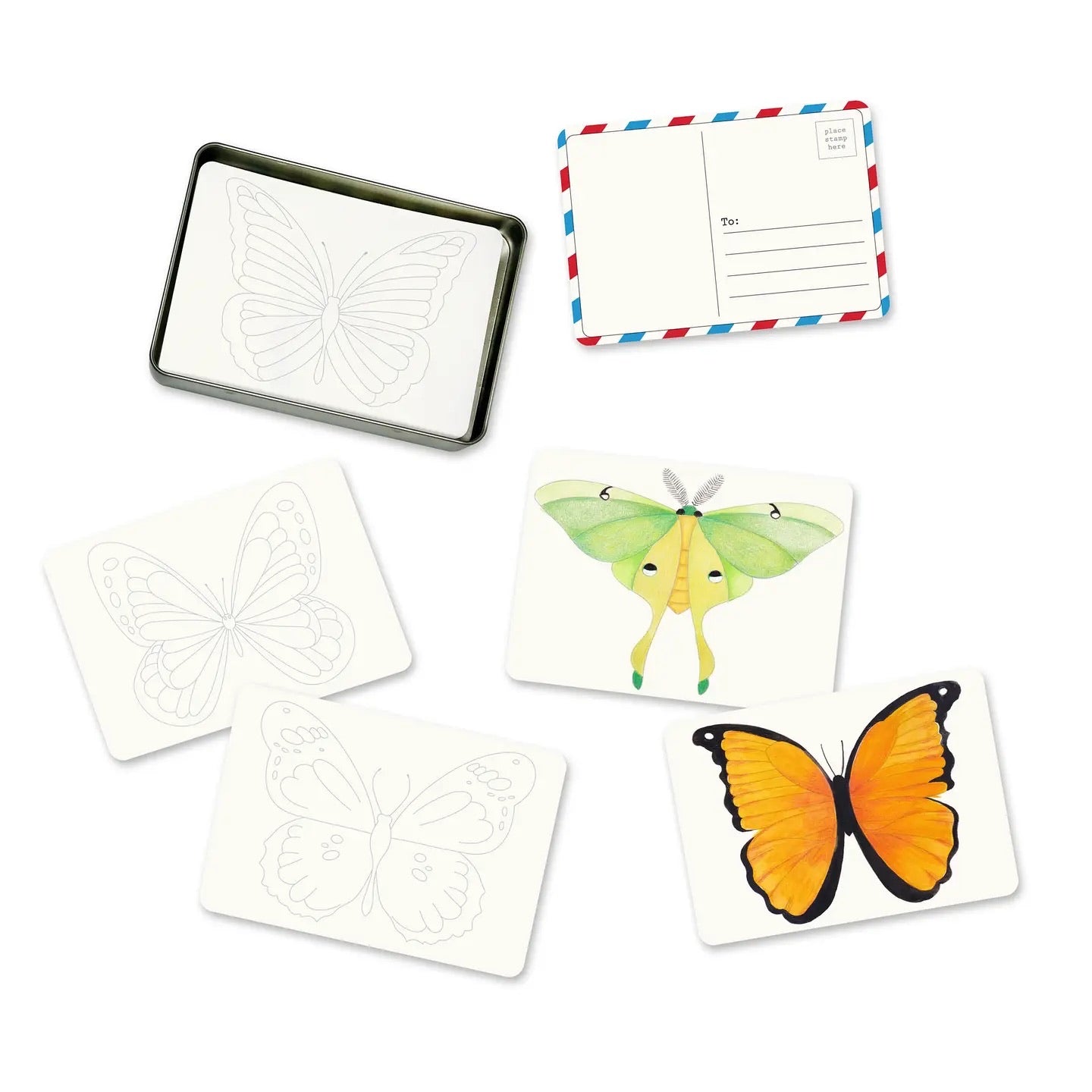 Set of paintable butterfly and moth postcards with 6 designs and 30 cards on 140 pound textured paper packaged in a reusable silver tin for watercolor and mixed media