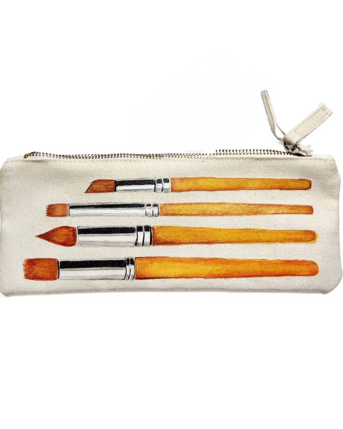 Canvas paintbrush bag with zipper featuring painted brush illustration on the front in a slim travel friendly pouch
