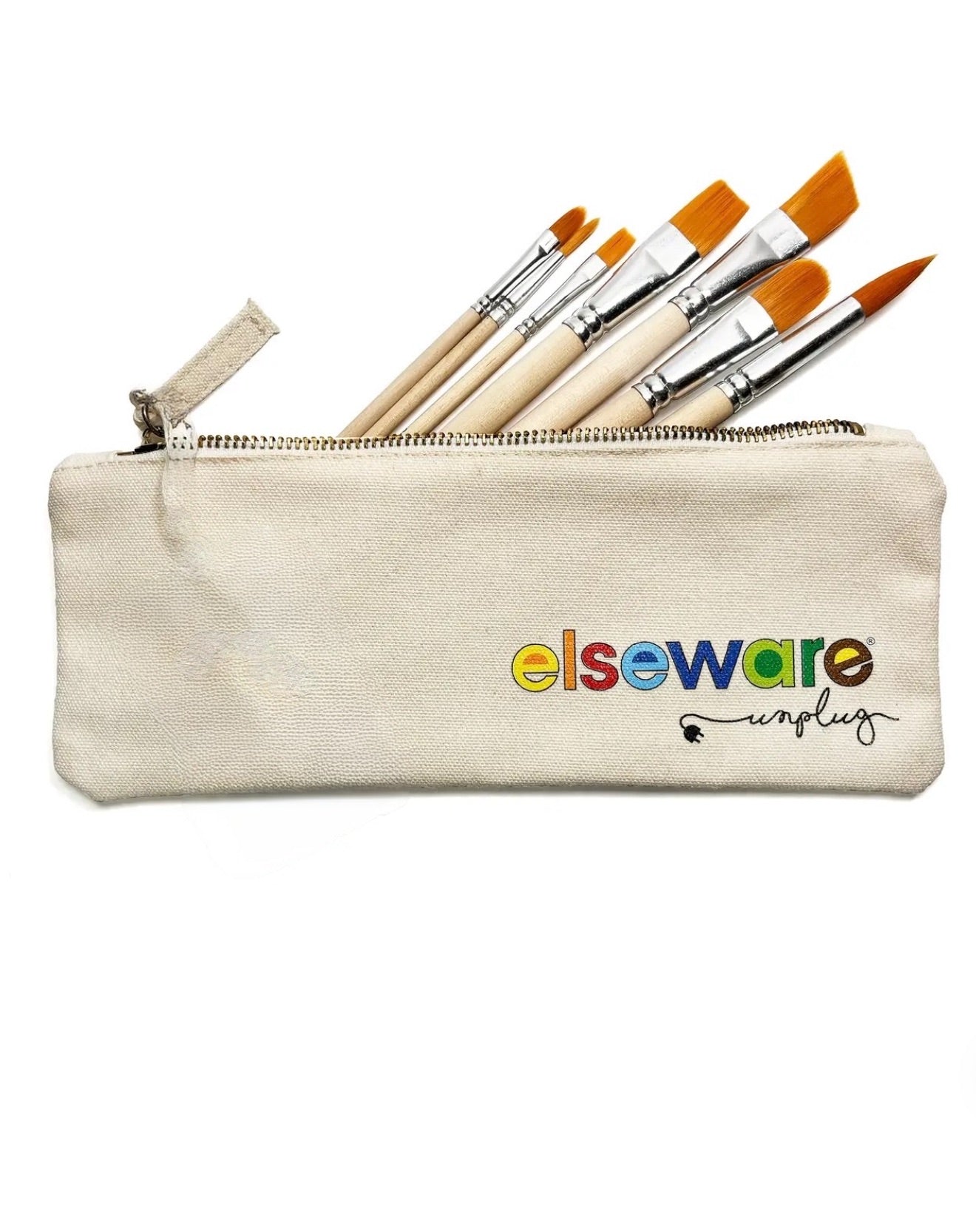 Canvas paintbrush bag with zipper and water resistant liner shown holding assorted paintbrushes for travel and art supply storage
