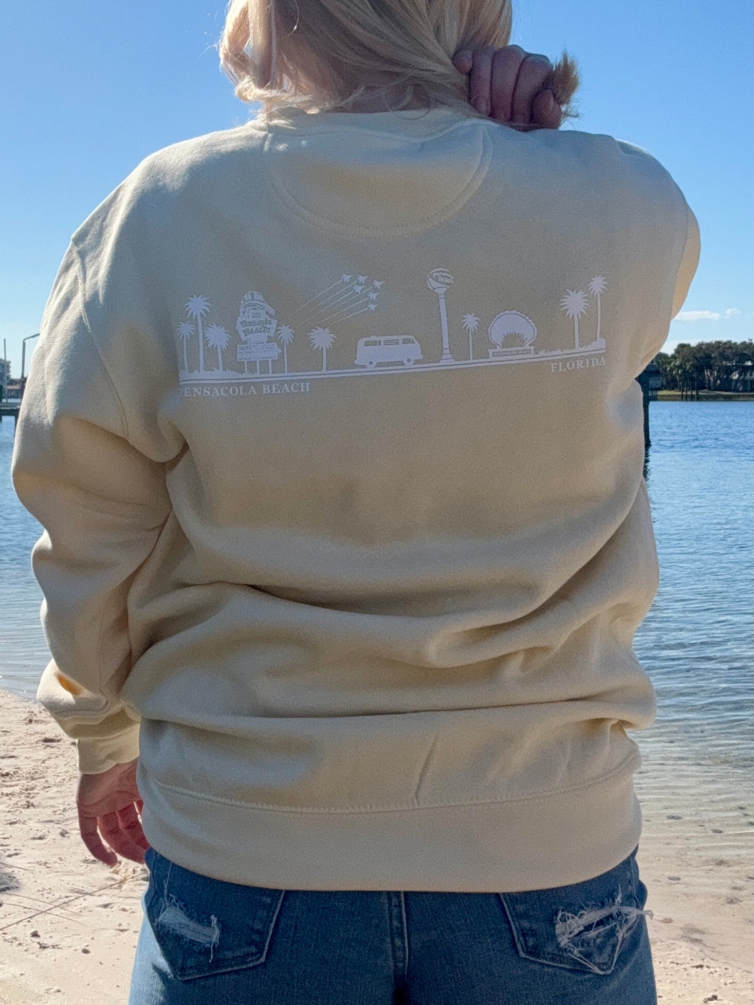 Pensacola Beach Icon Sweatshirt in Cream back view shown on model size small