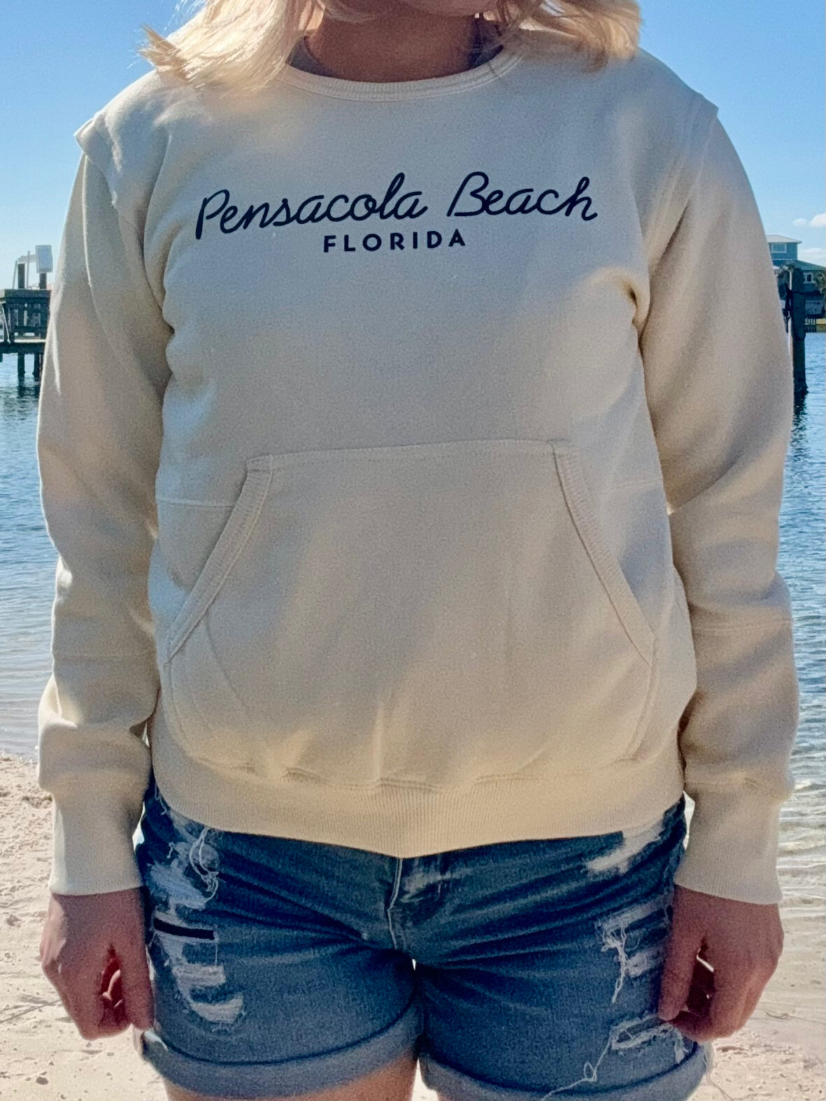 Pensacola Beach Florida Sweatshirt in Vanilla shown on a model