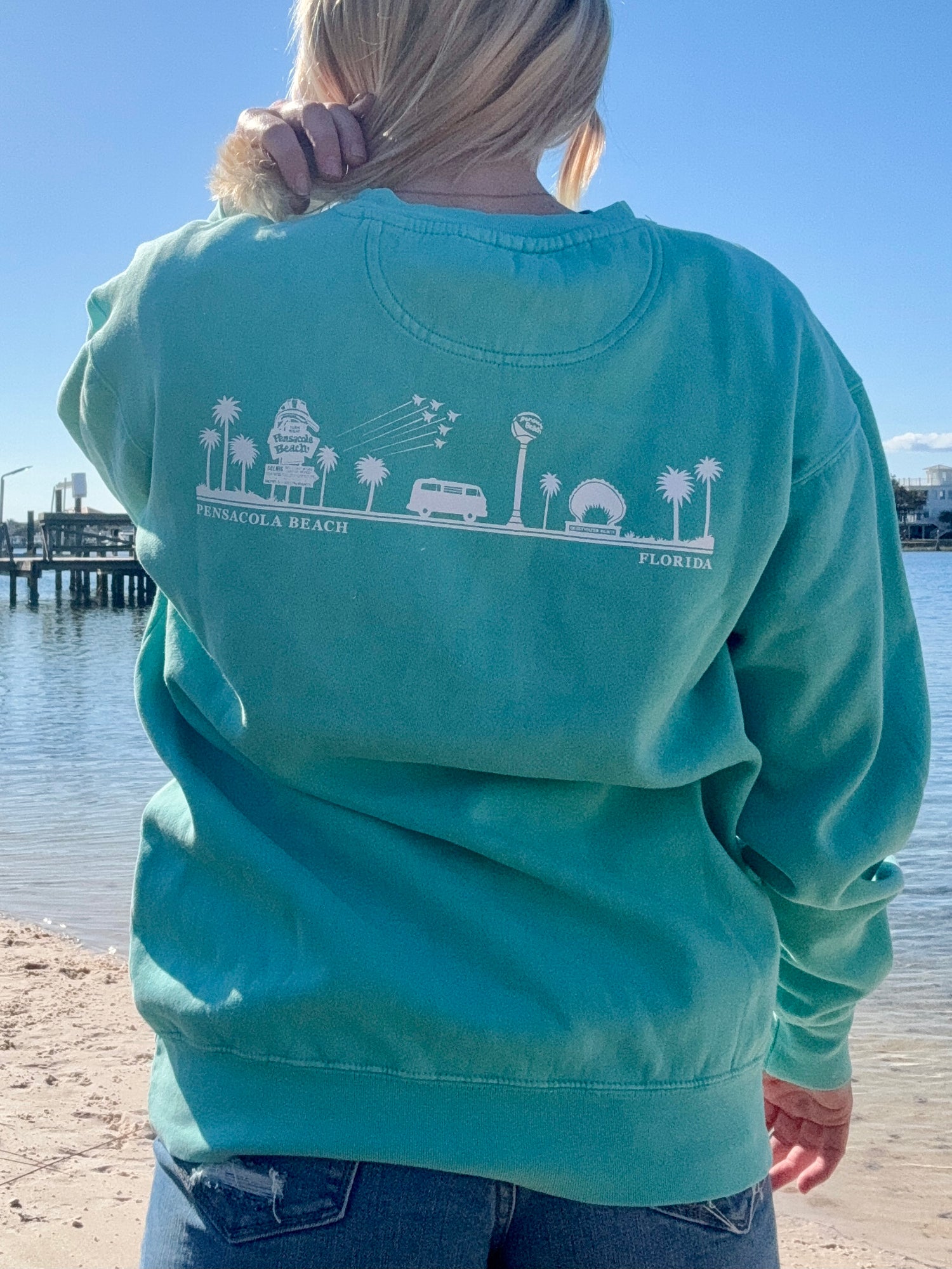 Pensacola Beach Icon sweatshirt backview shown on a model in size small