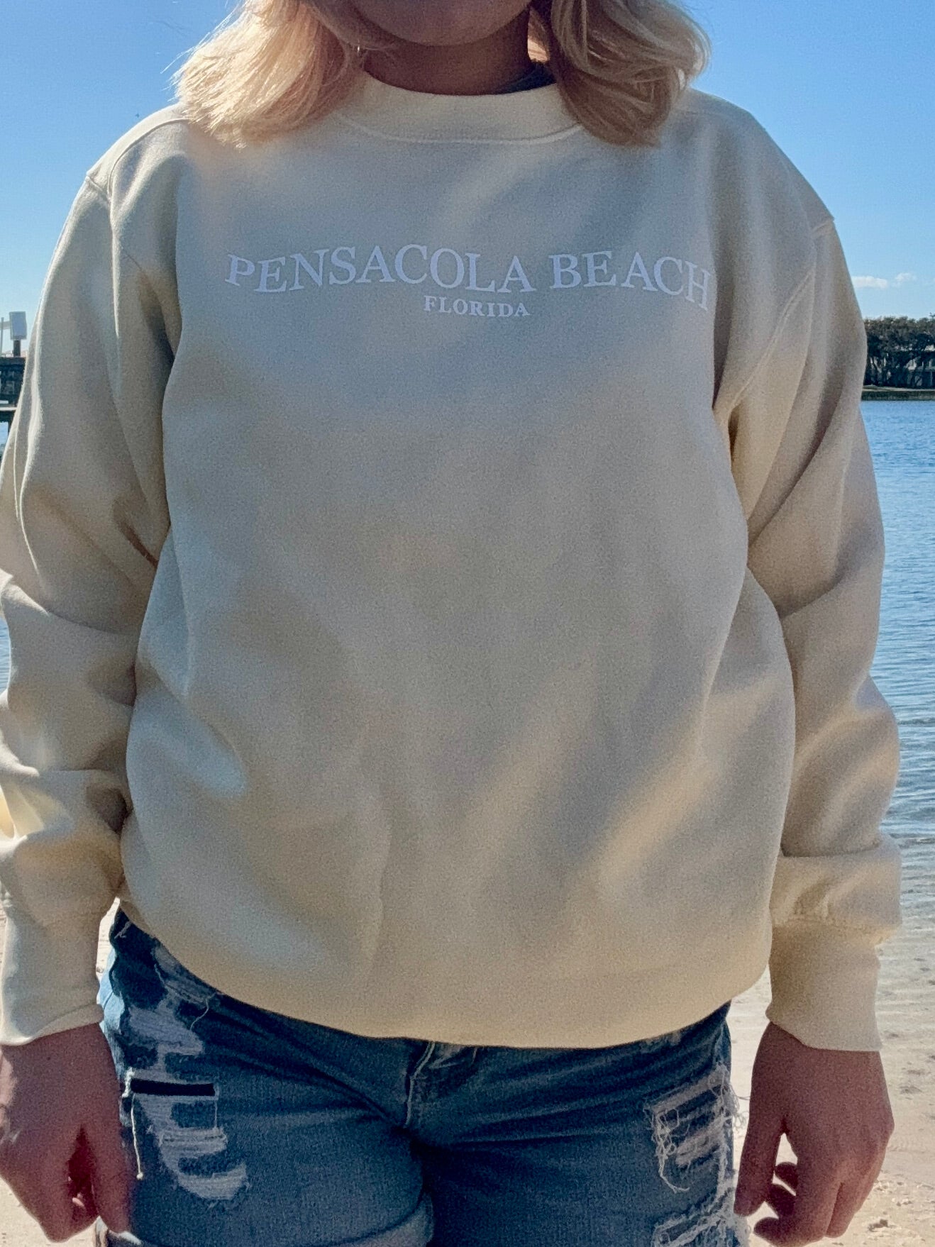 Pensacola Beach Icon Sweatshirt in Cream front view shown on model size small