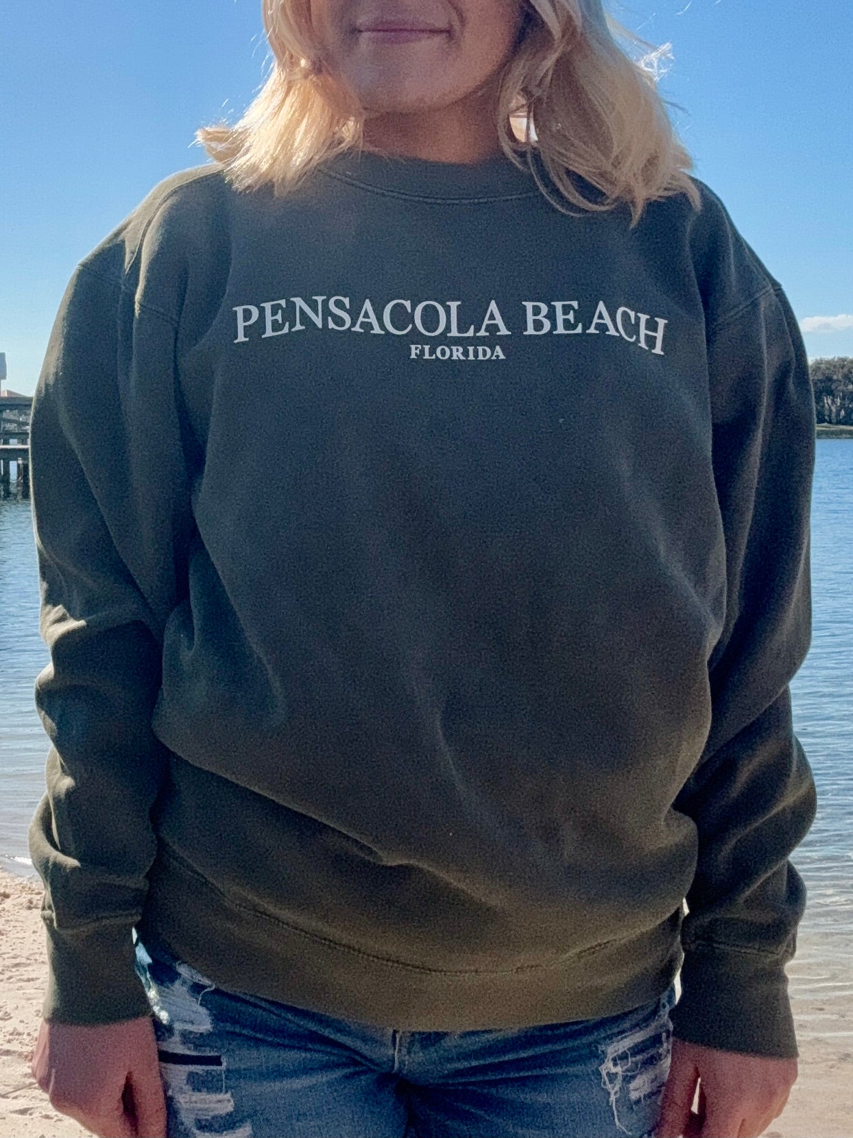 Pensacola Beach Icon Sweatshirt in olive shown on model size small front view 