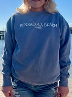 Pensacola Beach Icon Sweatshirt in worn blue shown on model in a size small front view