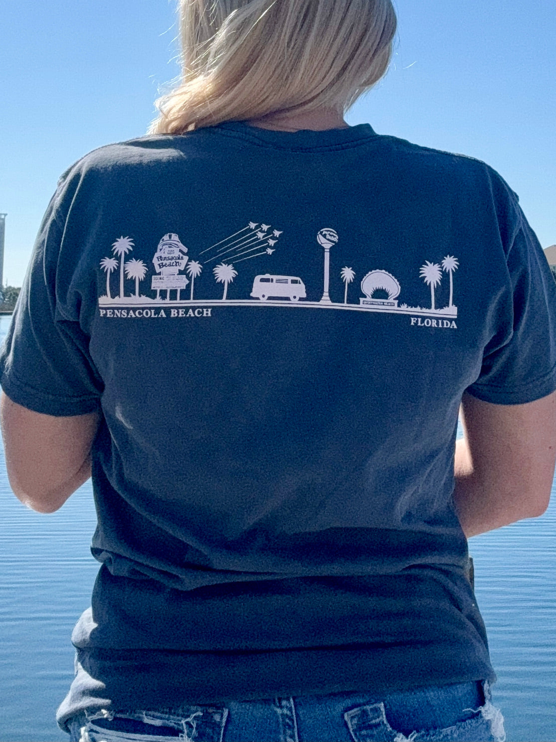 Pensacola Beach Icon T shirt in Navy back view shown on model size small