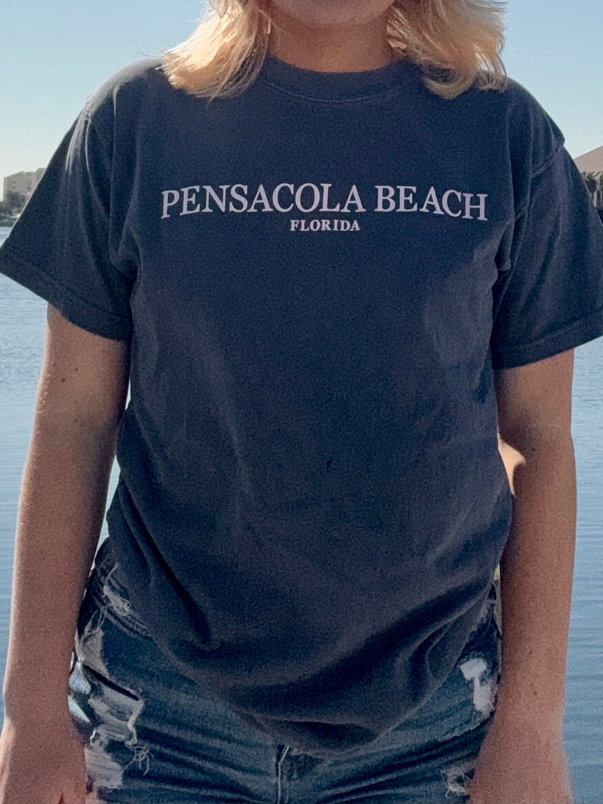 Pensacola Beach Icon T shirt in Navy front view shown on model size small