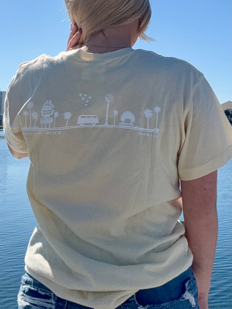 Pensacola Beach Icon T shirt in cream back view shown on model size small