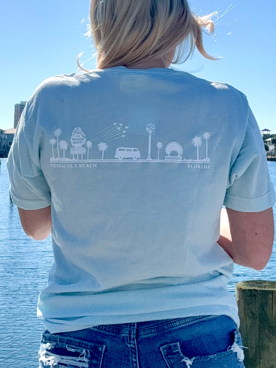 Pensacola Beach Icon T shirt in light blue back view shown on model size small
