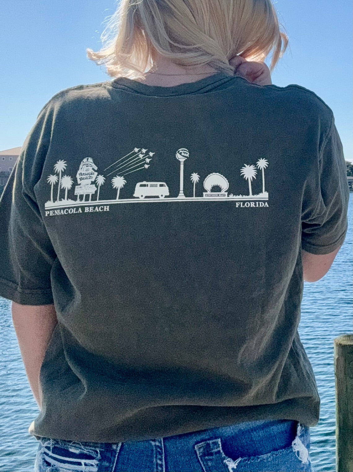 Pensacola Beach Icon T shirt in olive back view shown on model size medium
