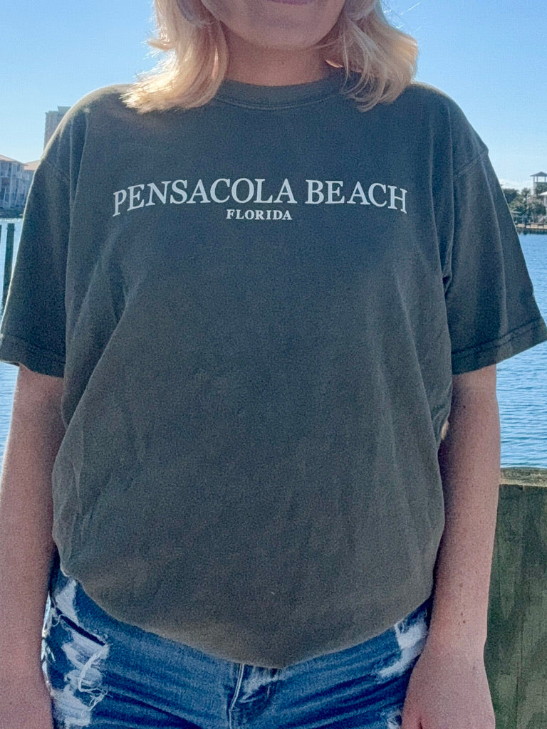 Pensacola Beach Icon T shirt in olive front view shown on model size medium 