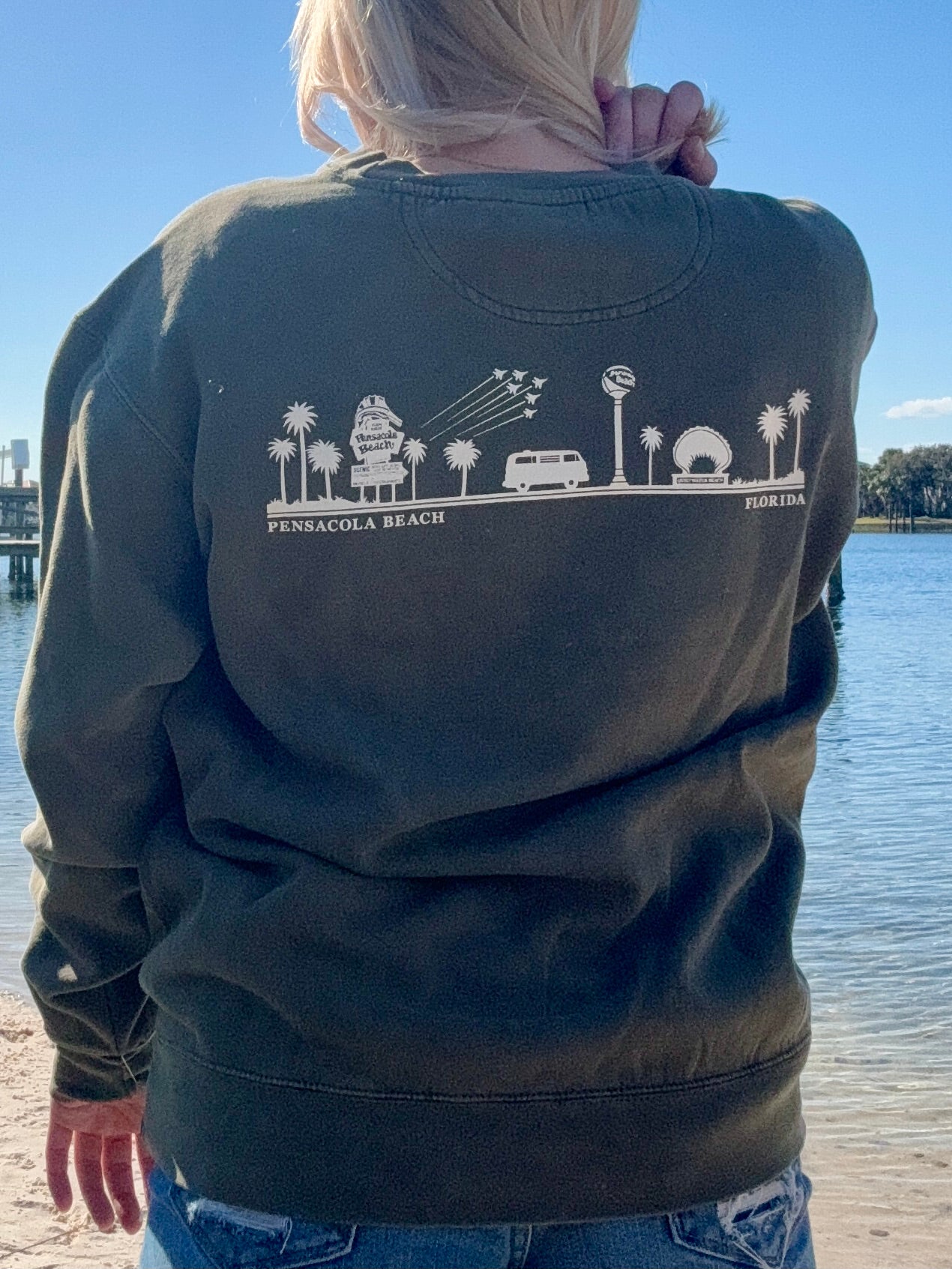 Pensacola Beach Icon Sweatshirt in olive shown on model size small back view 