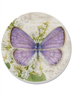 Round coaster with a purple butterfly design on a white and green floral background