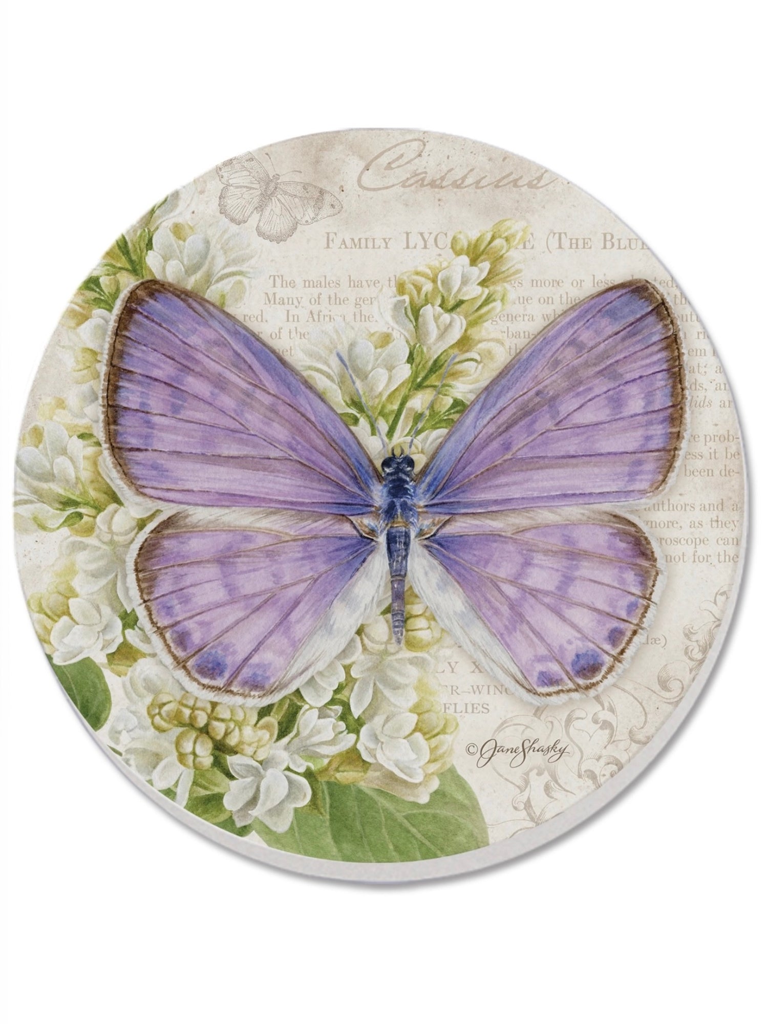 Round coaster with a purple butterfly design on a white and green floral background