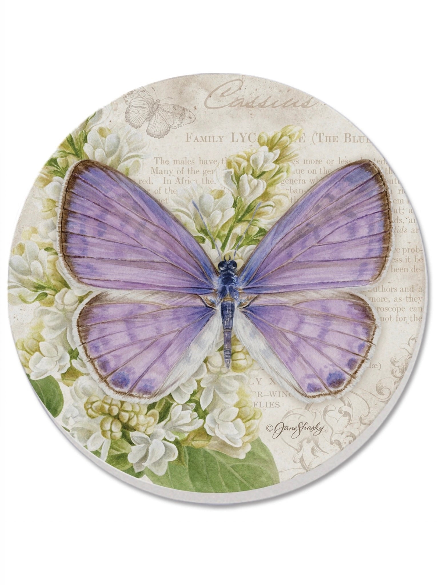 Round coaster with a purple butterfly design on a white and green floral background