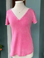 Reece Raw Edge Tee in Hot Pink on mannequin. 100% cotton V neck top made in Italy