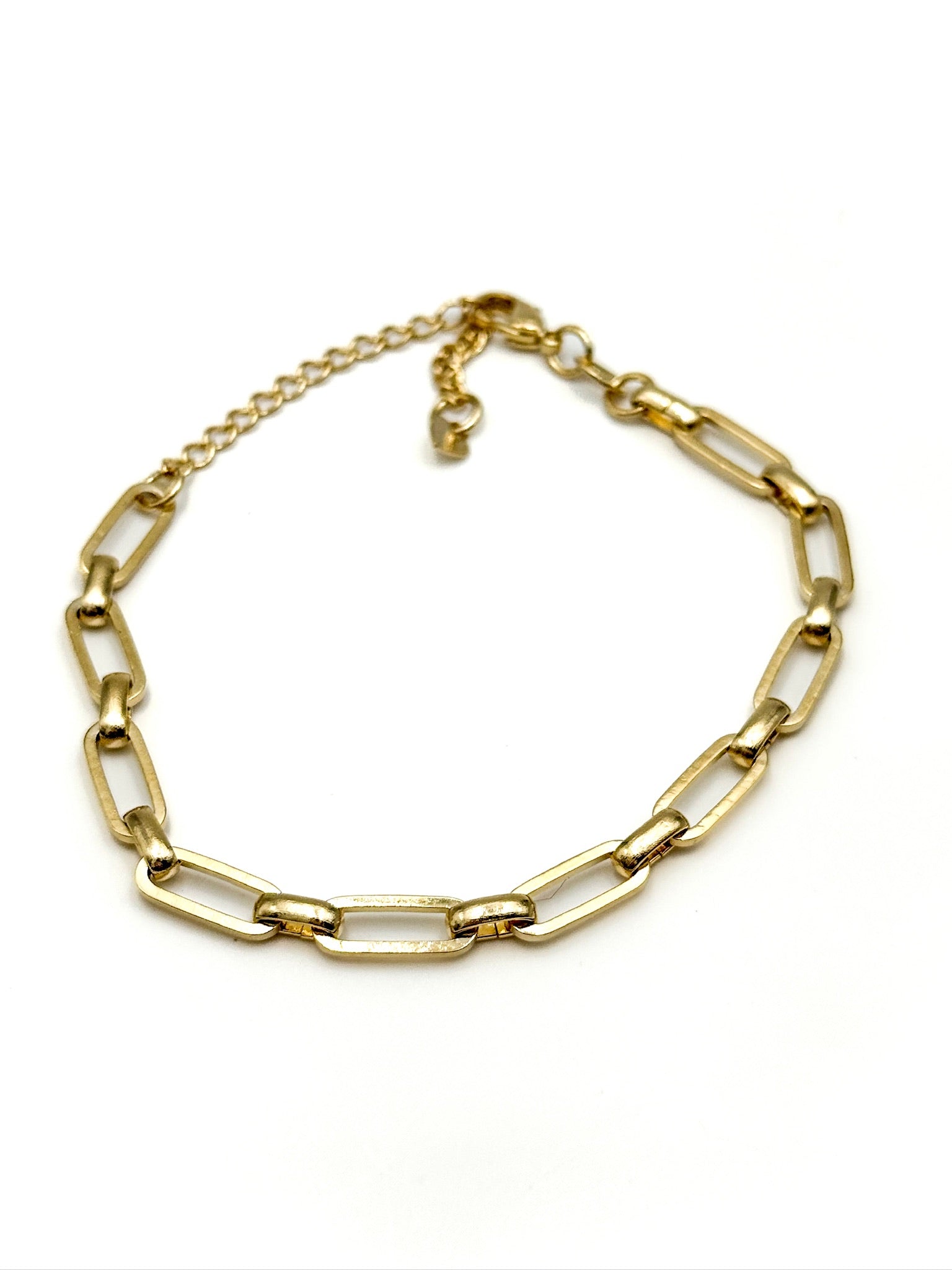 Riley gold-tone paperclip link bracelet with slim rectangular links and extender chain displayed in a circle on a white background