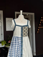 Rosalie Mixed Pattern Dress in Denim Blues with white shirt