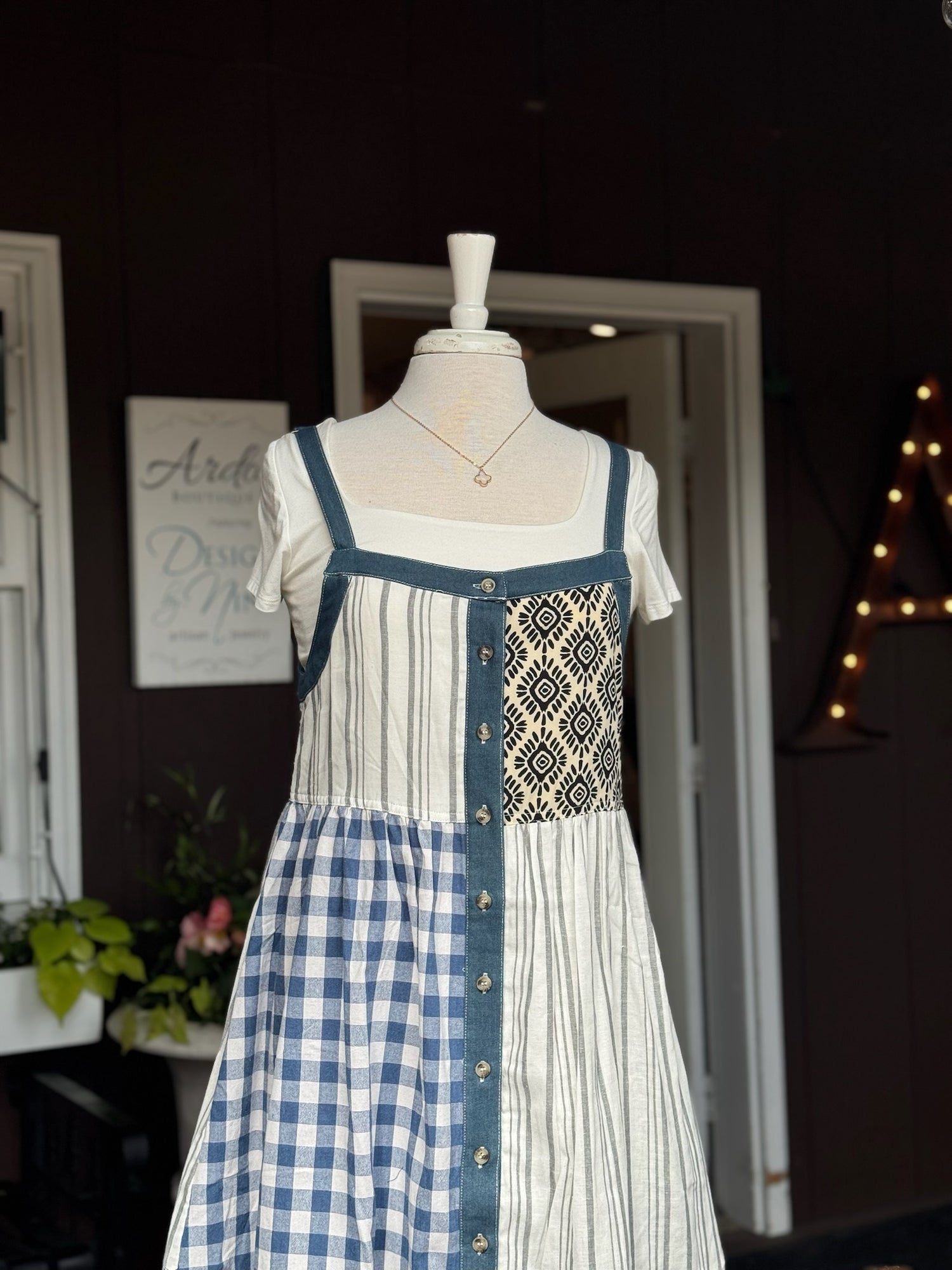 Rosalie Mixed Pattern Dress in Denim Blues with white shirt