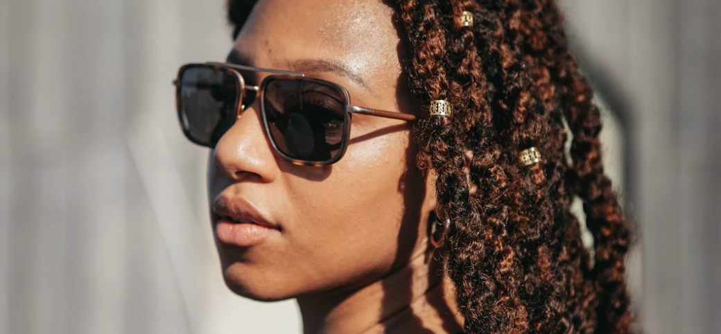 Grant Matte Brindle & Gold /Walnut Grey Polarized Sunglasses on model side profile