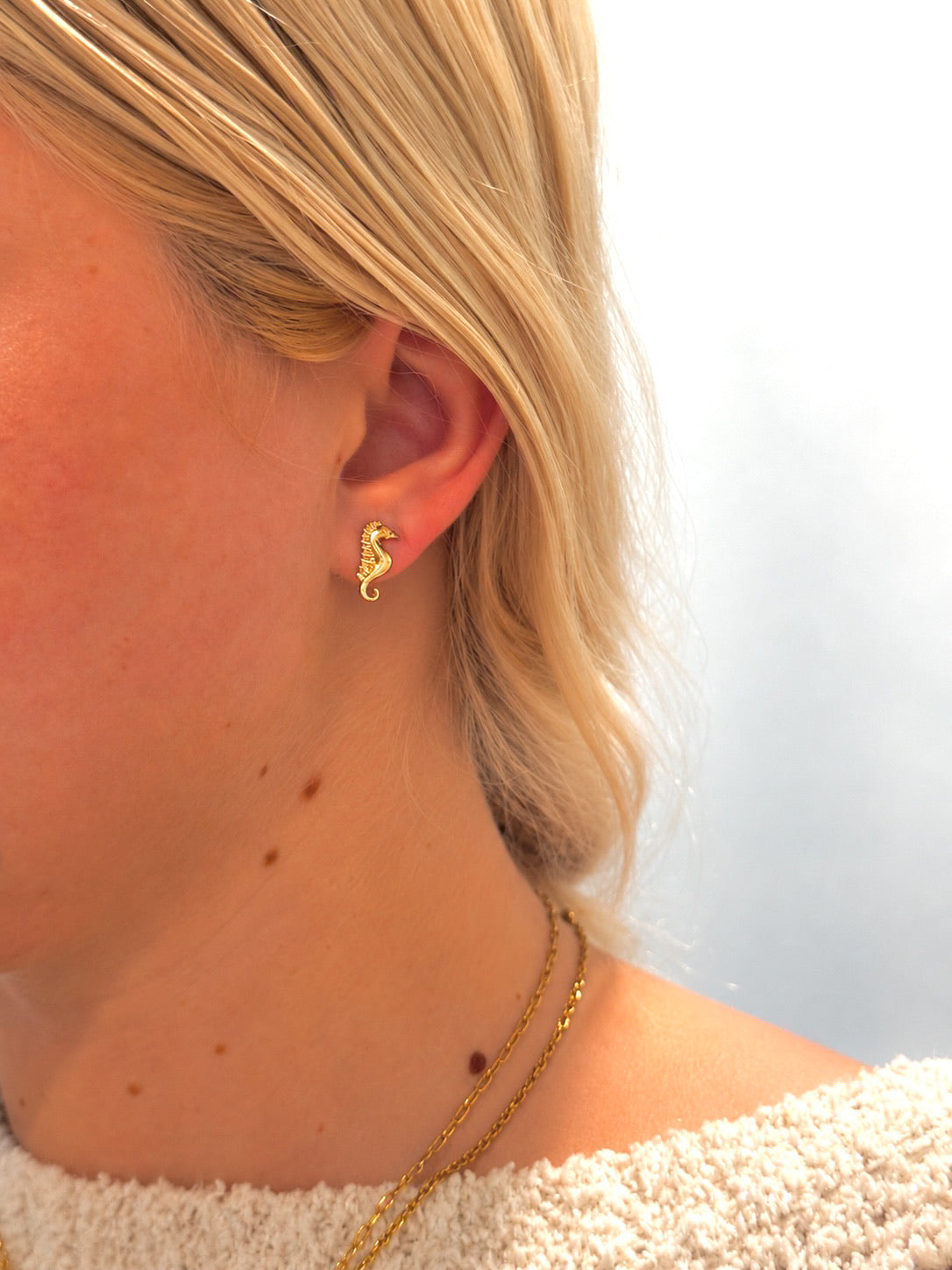 Serena Seahorse Gold Stud Earrings featuring a petite gold seahorse design with textured detailing, shown worn on a model at Ardor Boutique.