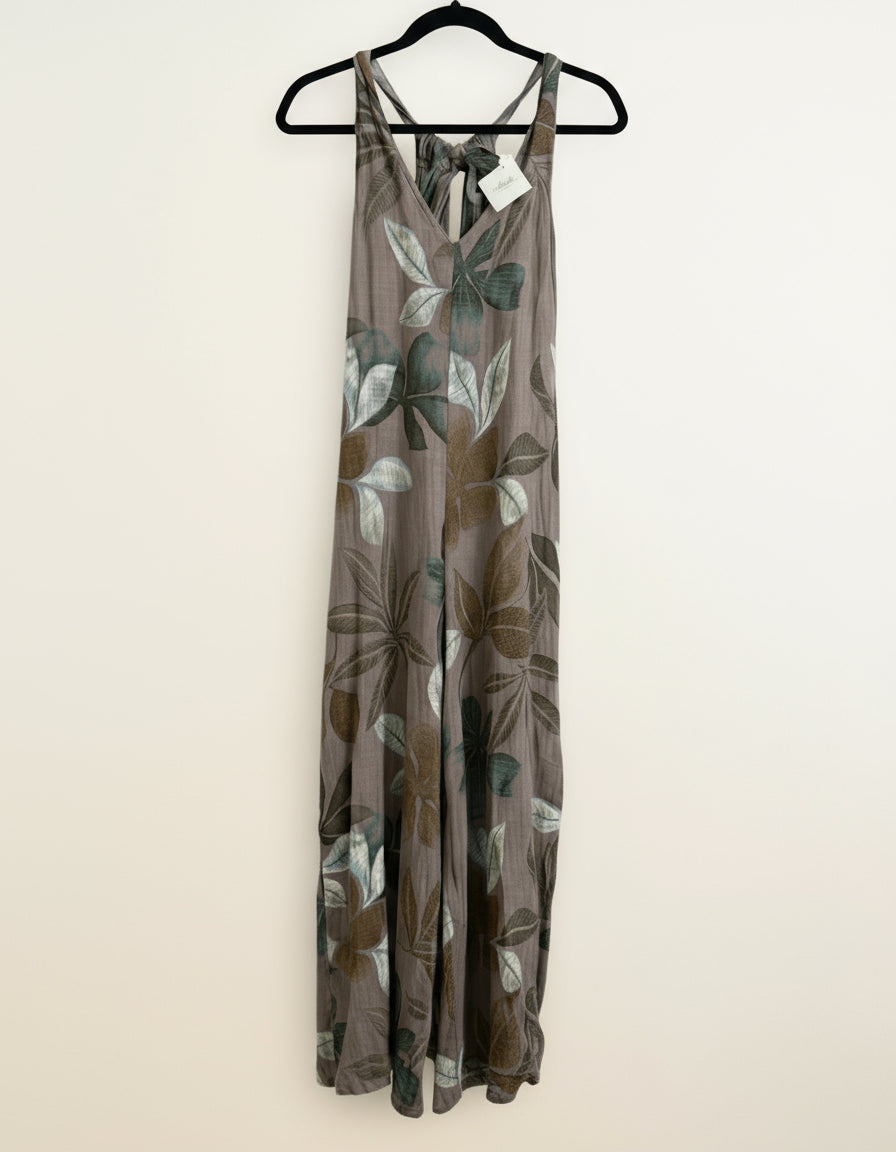 Sienna Leaf Print Romper in Taupe on hanger