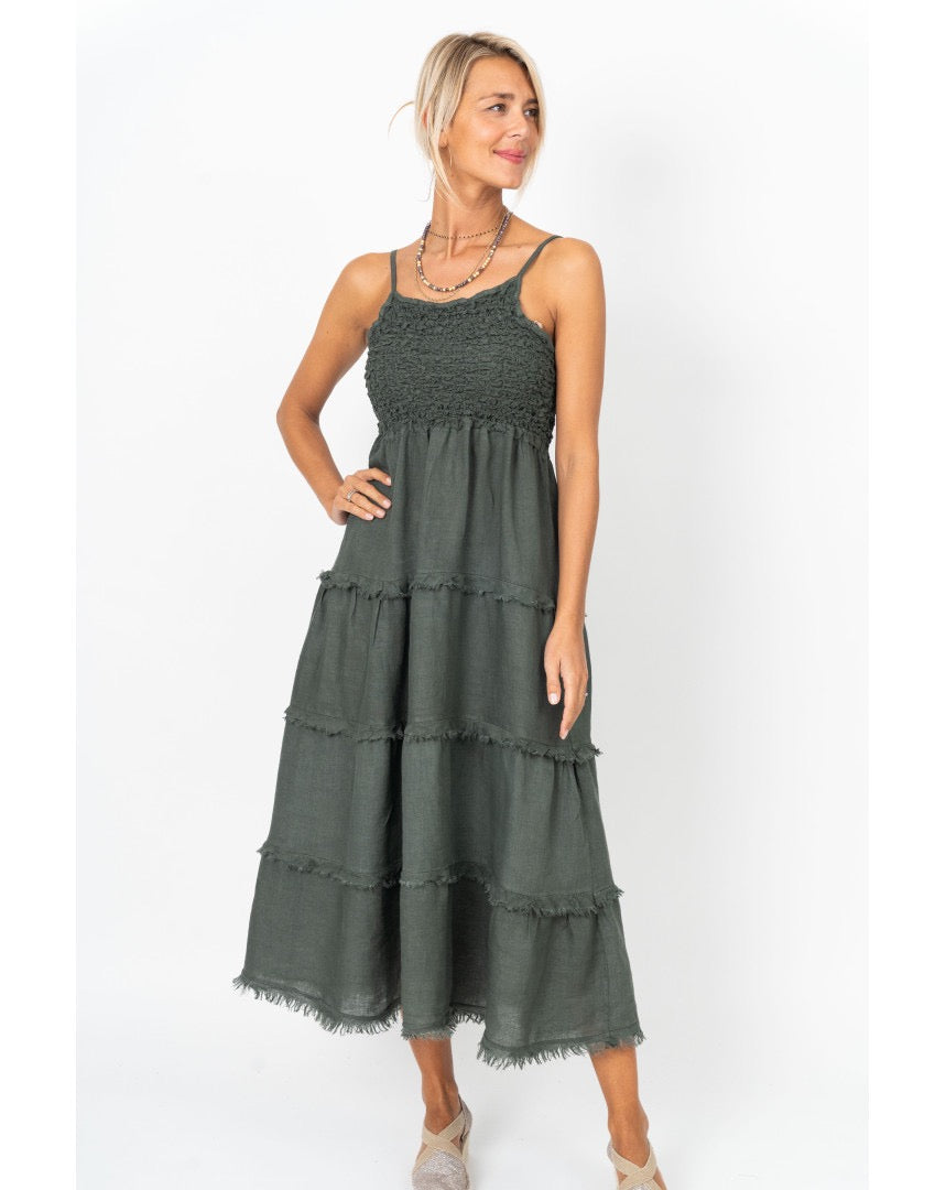 Woman wearing a green tiered dress on a white background