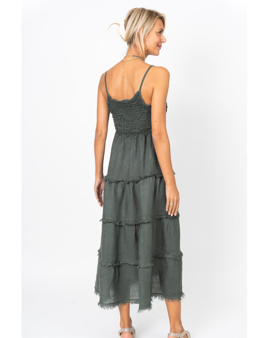 Woman wearing a green tiered dress on a white background