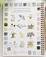 Back cover of Spring watercolor workbook by Emily Lex showing small spring themed illustrations and color swatches with spiral binding