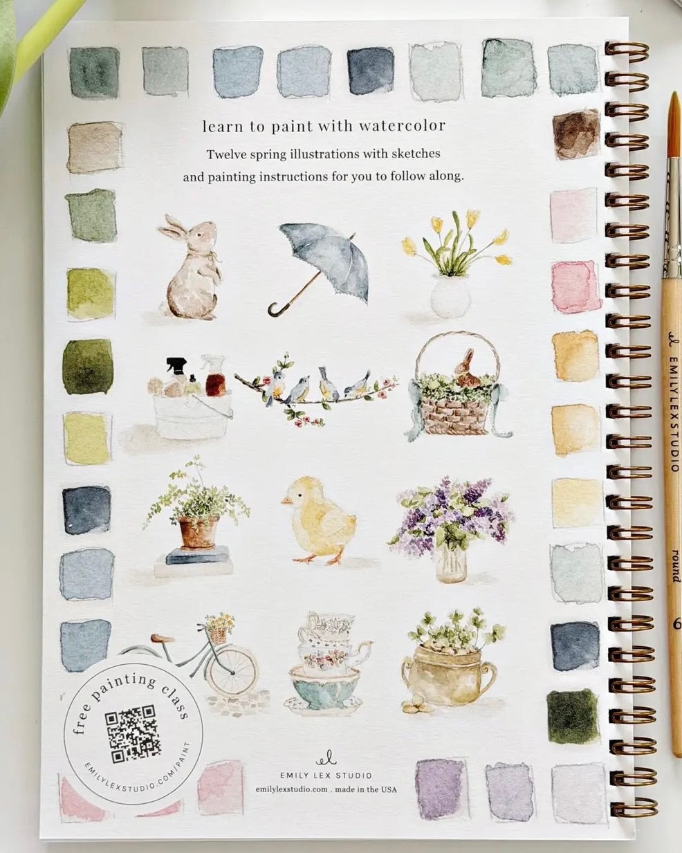 Back cover of Spring watercolor workbook by Emily Lex showing small spring themed illustrations and color swatches with spiral binding