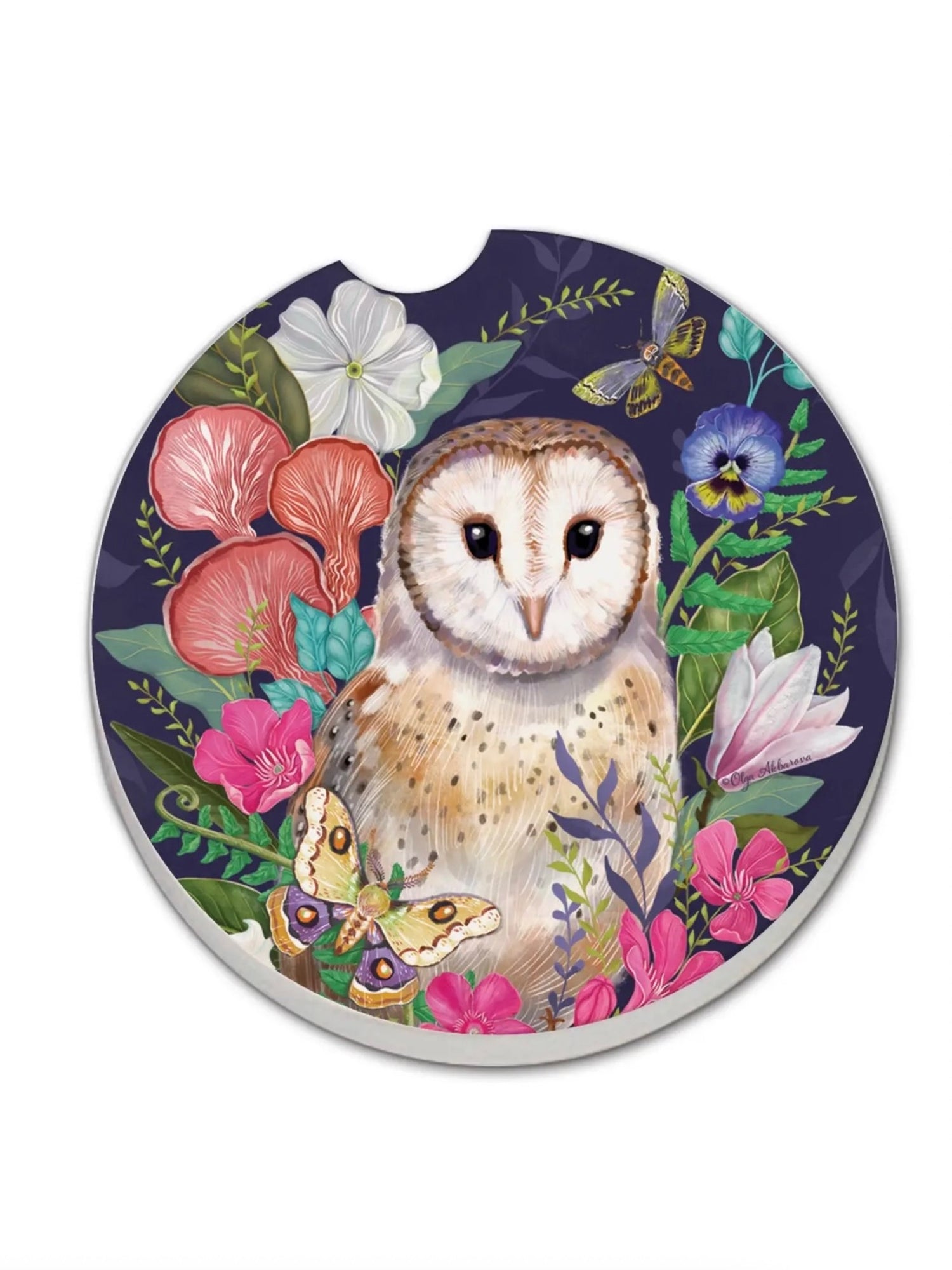 Cute Car Coaster with barn owl and floral illustration from Ardor Boutique