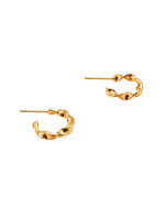 A pair of gold hoop earrings with a twisted, textured design, displayed on a clean white background.