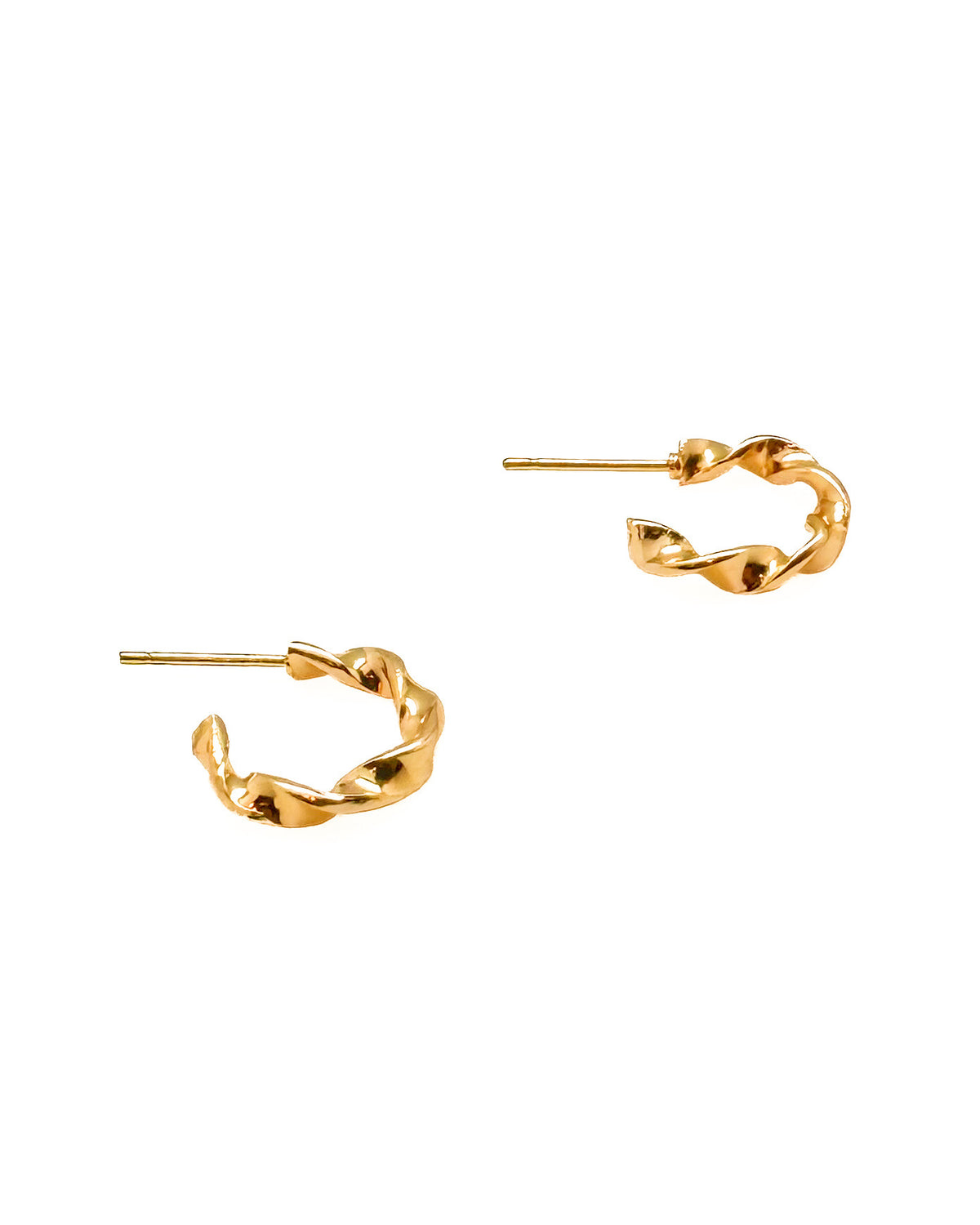 A pair of gold hoop earrings with a twisted, textured design, displayed on a clean white background.