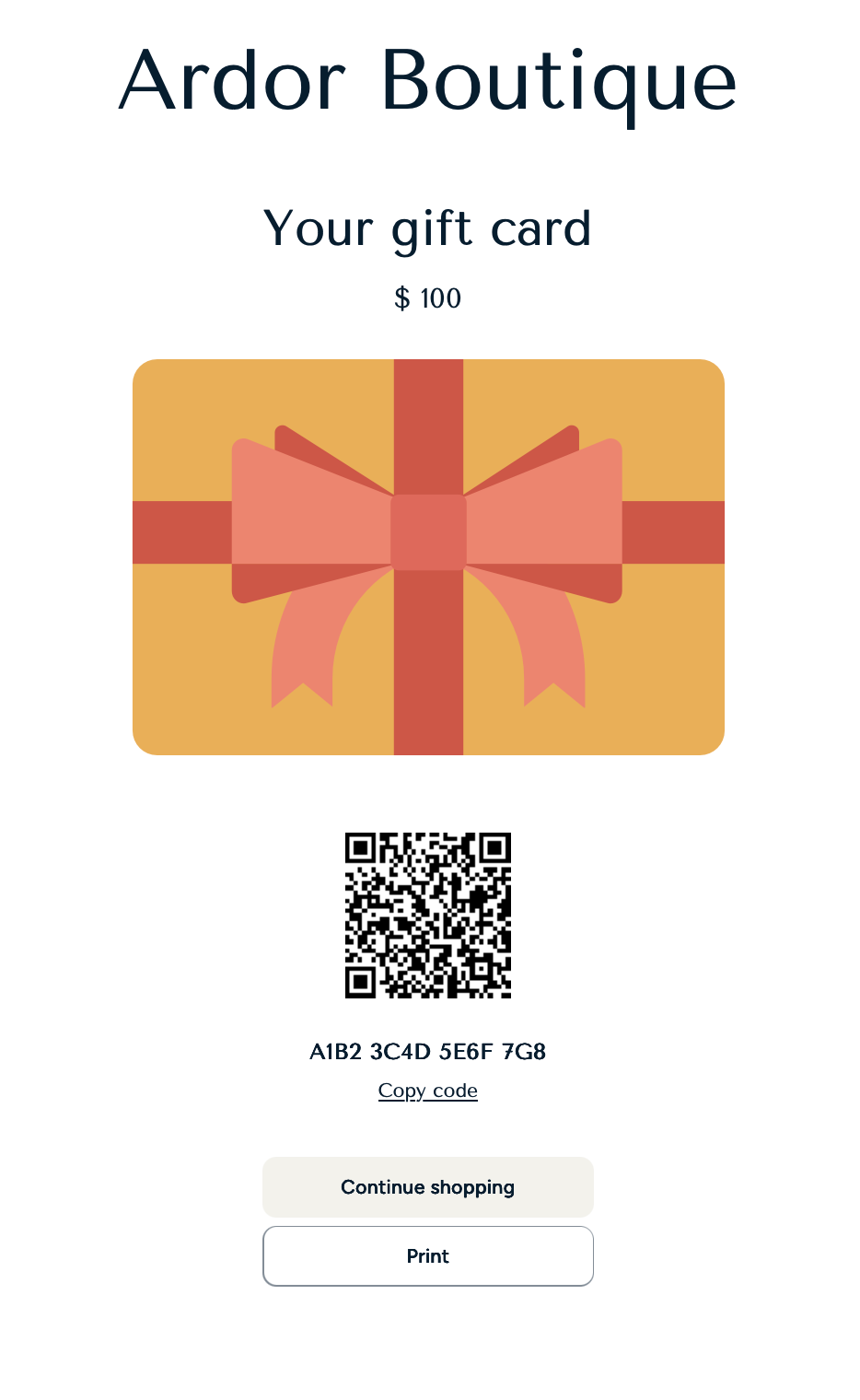 Link to the gift card will bring you to this page with image of a gift card and the gift card QR and code to be redeemed in store or online