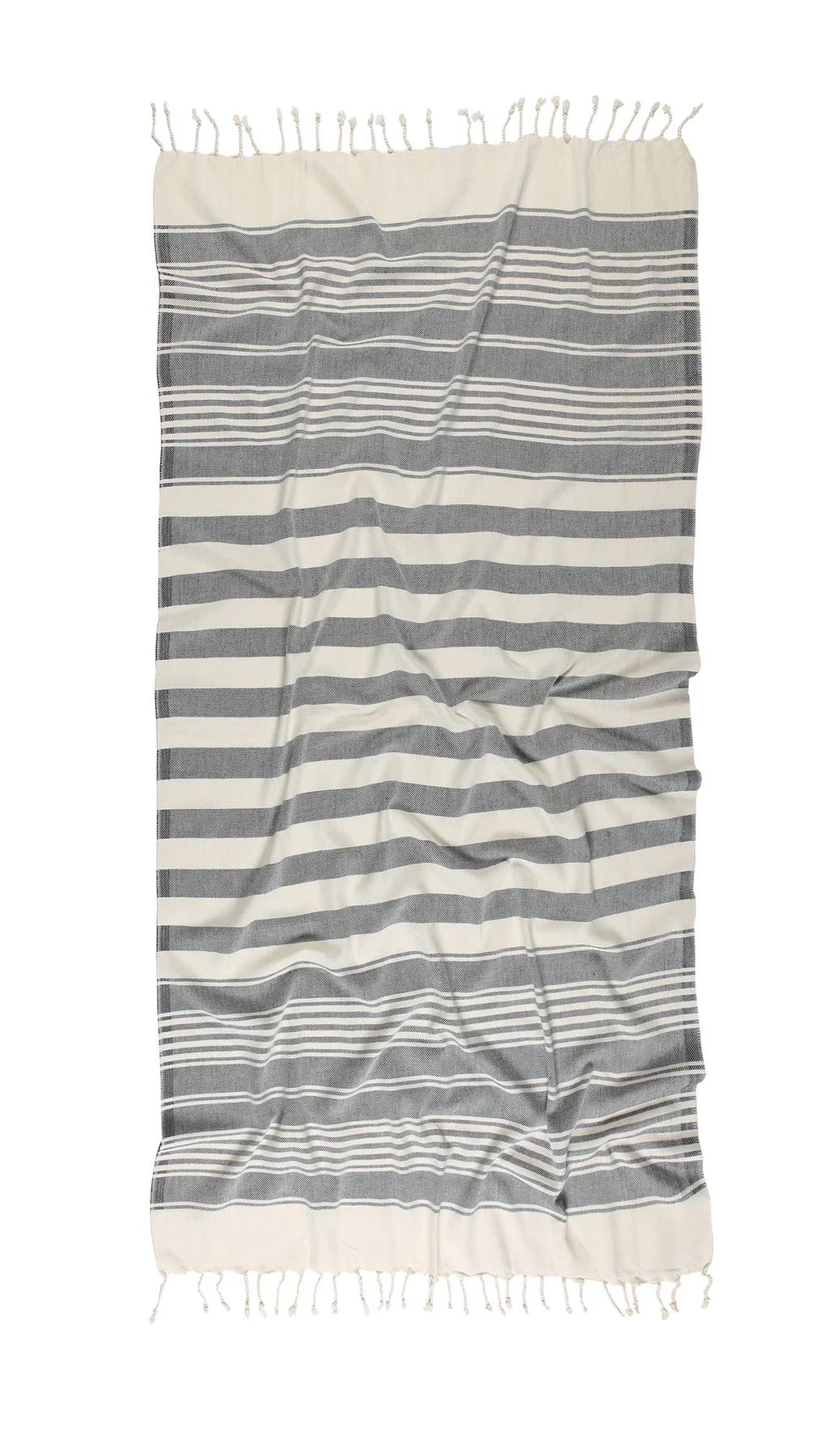 A striped beach towel in gray and white, with fringed edges.