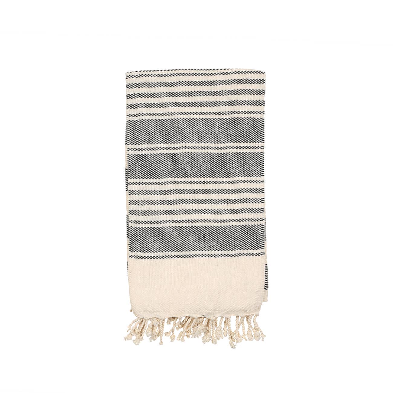 Grey and white towel folded with strips and tassels on a white background