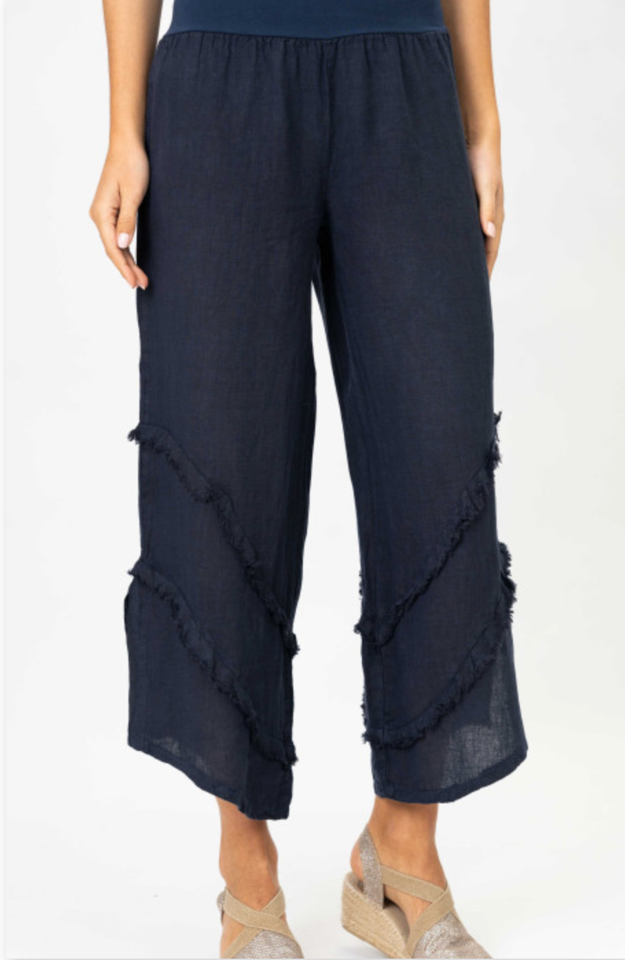Tia navy Italian linen pants with ruffle 
