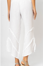 Tia Italian Linen Pants in White with fray ruffle detail and side slit at Ardor Boutique. back view