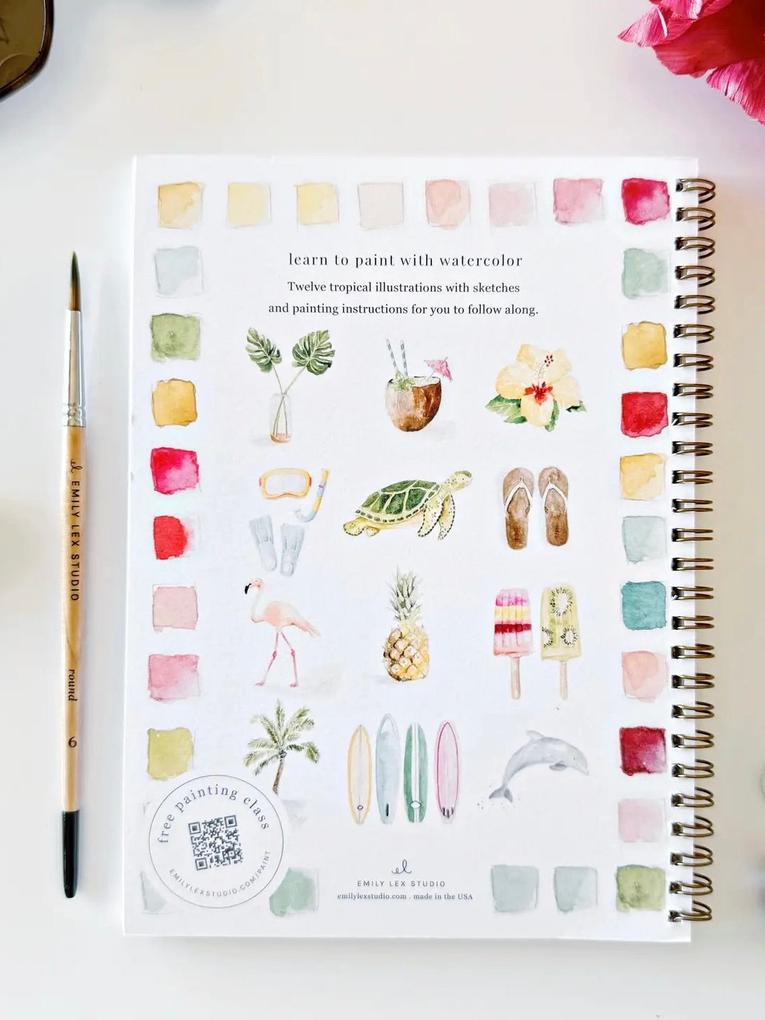 Watercolor workbook 'Learn to Paint with Watercolor' featuring the 12 illustrations to paint inside the book