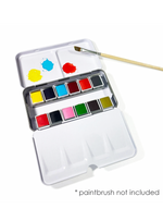 Open 12 color watercolor paint travel set in an eco friendly aluminum case with interior mixing wells showing vibrant watercolor pans paintbrush not included