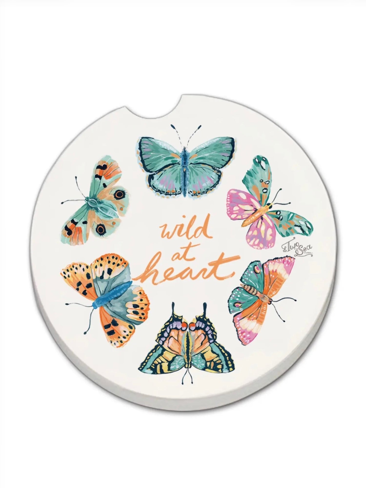 Round car coaster with colorful butterflies and 'wild at heart' text on a white background