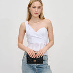 Winona Quilted Crossbody Clutch in Black with model showing bag as a clutch