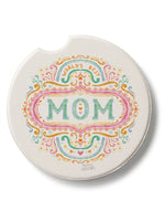 Decorative absorbent stone car coaster with colorful 'World's Best Mom' text on a white background