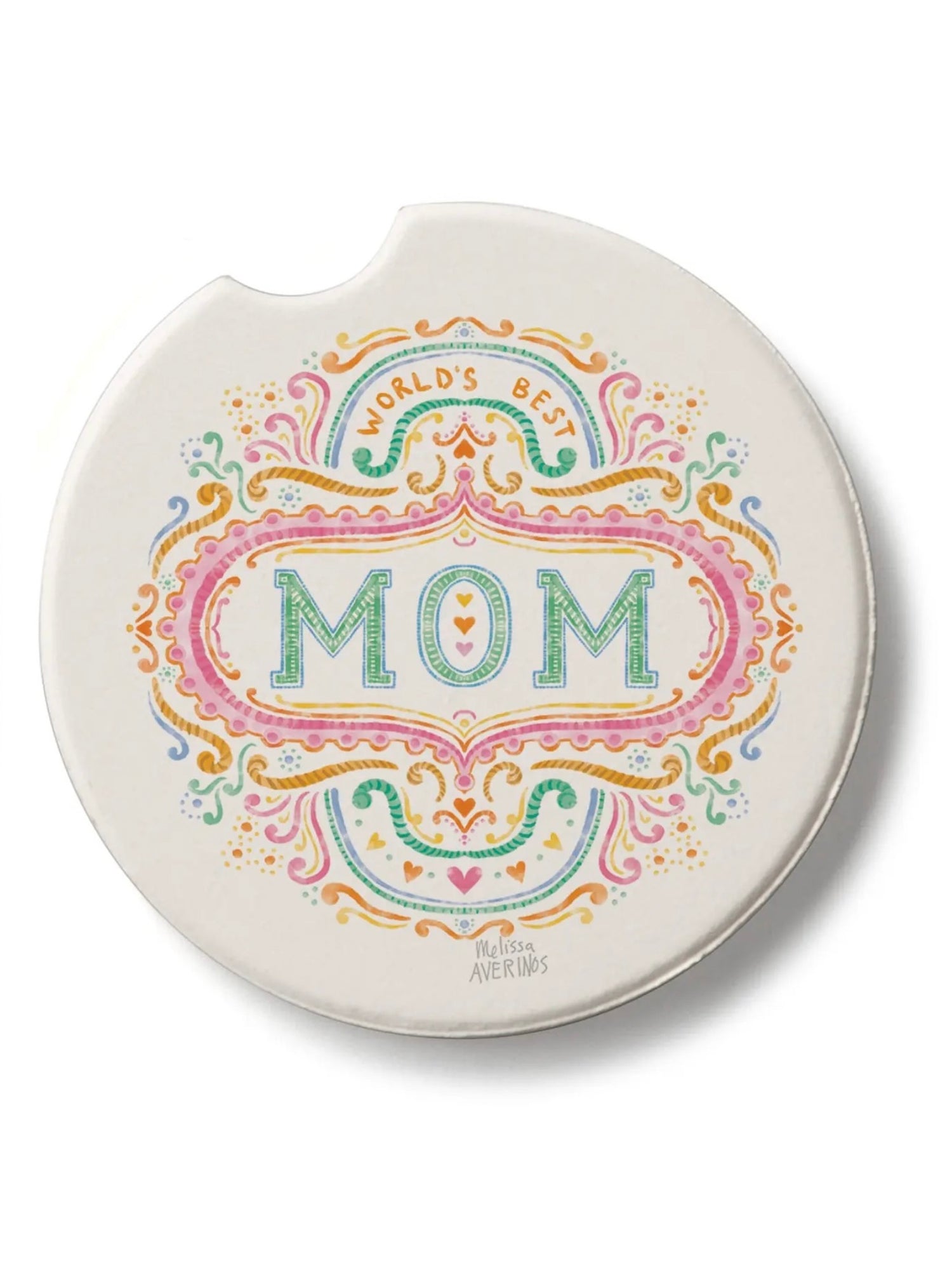 Decorative absorbent stone car coaster with colorful 'World's Best Mom' text on a white background